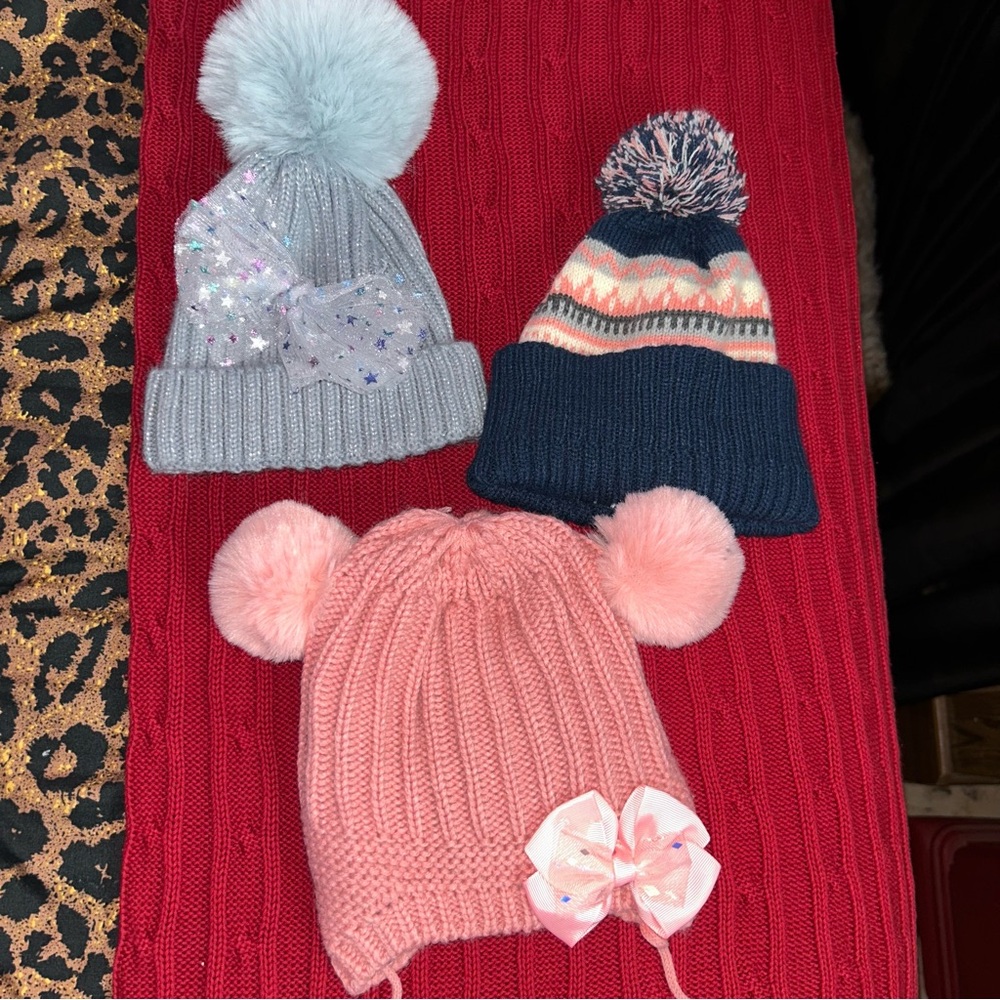 Baby Toddler 3 knit hats for girls with pom-pom bows pink blue Beanie READ